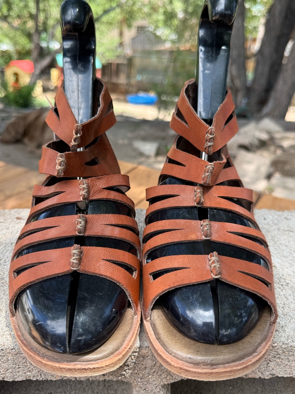 Gee'WaWa Gladiator Caged Ankle-Strap Genuine Leather Cognac Sandals